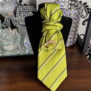 Green Striped Tie with Love Pin
